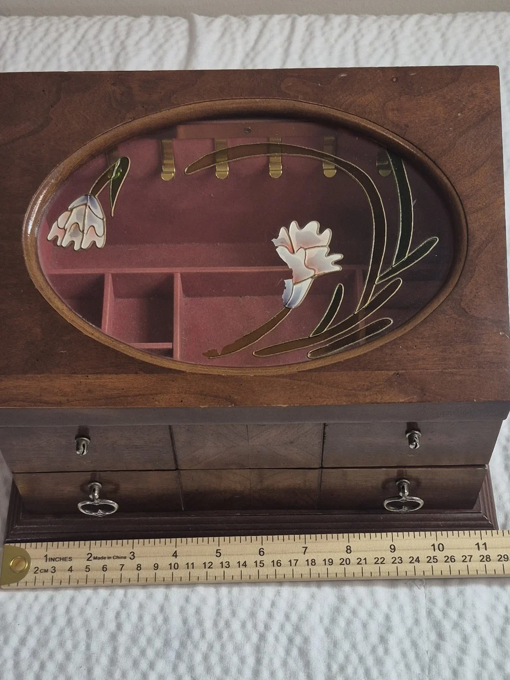 Vintage Wood Jewelry Box w/ Mirror, Floral Glass Lid, Drawers, Brown 11in 25+ pc